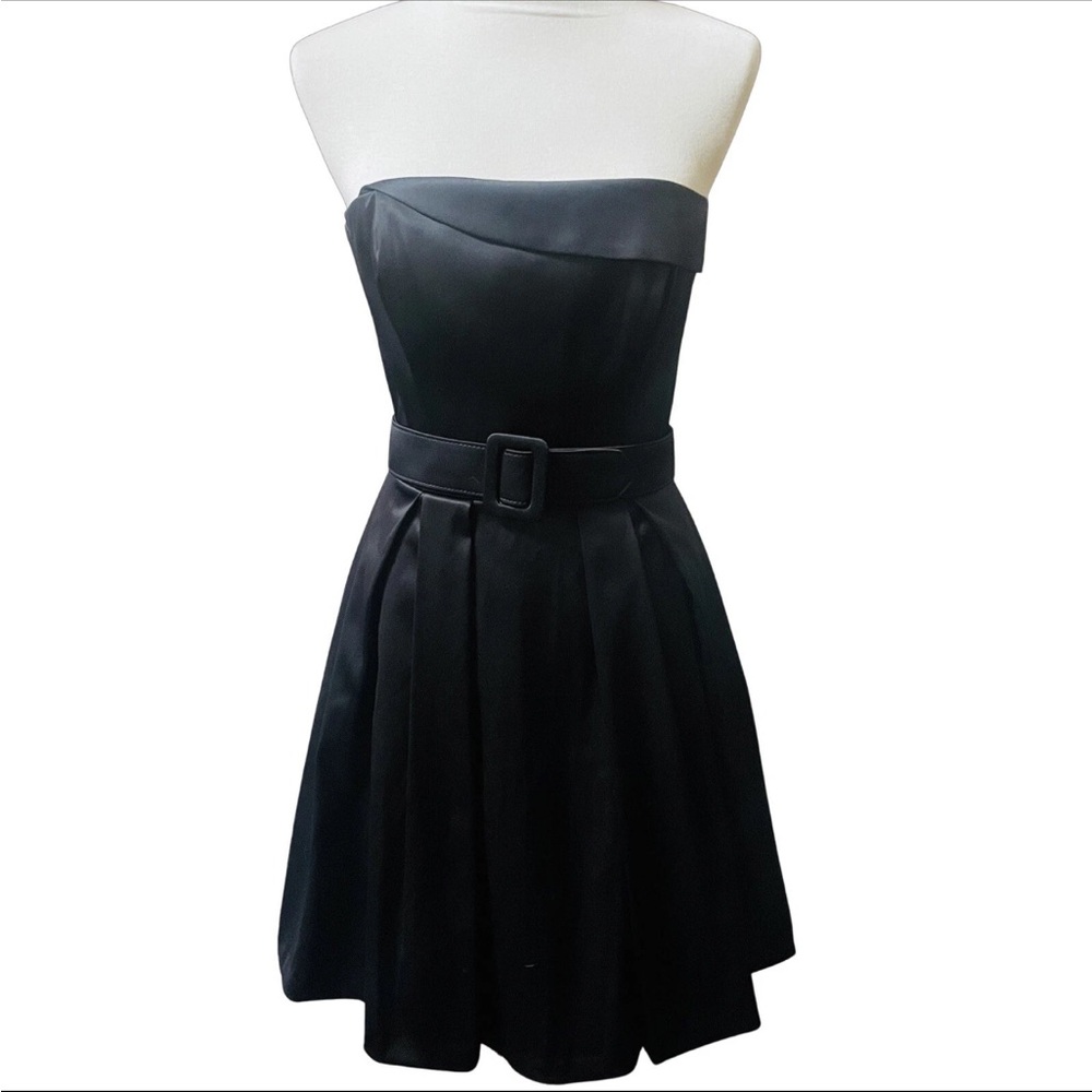 White House Black Market Strapless Black satin belted Dress 0